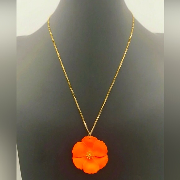 Neon Orange Flower Pendant Necklace - Picture 2 of 5